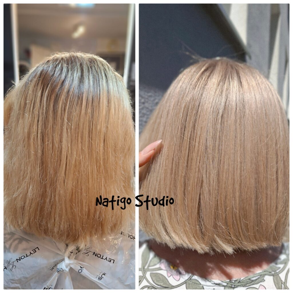 Gładkie blond włosy po profesjonalnej pielęgnacji w salonie fryzjerskim.